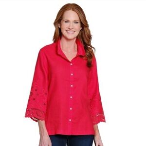 John Mark Top Women’s Size Small Red Button-Down Eyelet Sleeve Shirt Linen
